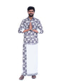 Prakasam Cotton Mens Colour Onam Special Printed Full Sleeve Slim Fit Multi Colour Shirt Matching With Border Single Dhoties For