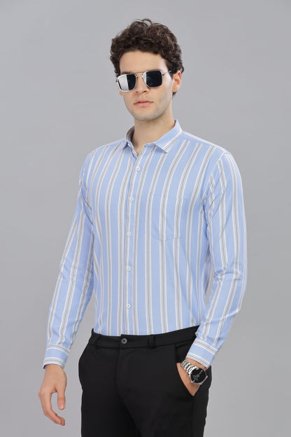 Mildin MenS Pure Cotton Striped Printed Shirt With Spread Collared Neck Full Sleeve Curved Hemline Button Closure And Regular F