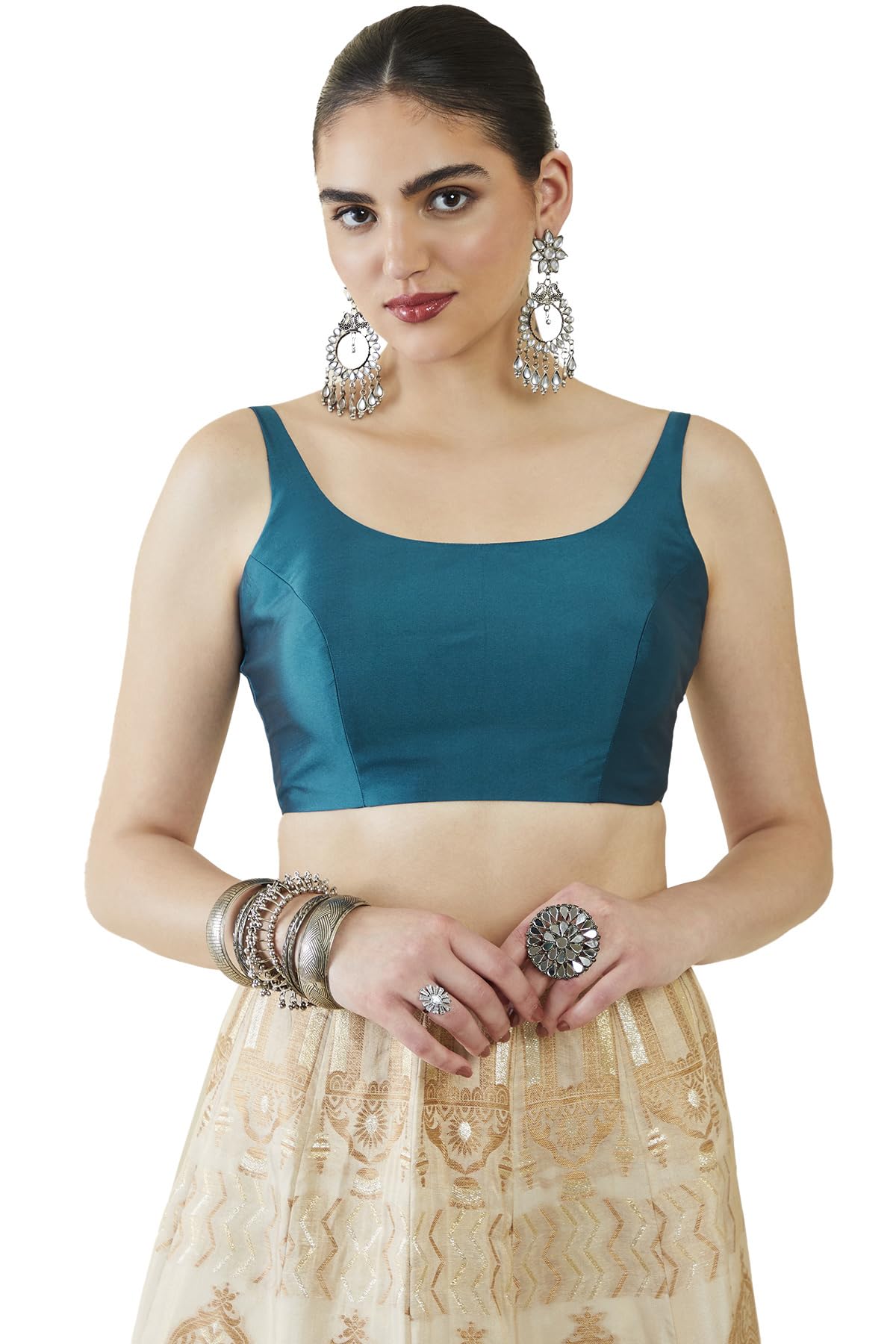 Soch Womens Teal Taffeta Solid Sleeveless Padded Blouse