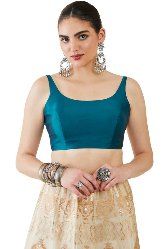 Soch Womens Teal Taffeta Solid Sleeveless Padded Blouse