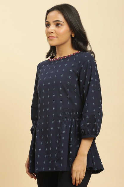 W For Woman Blue Cotton Floral Printed Tunic Top With Thread W For Womanork