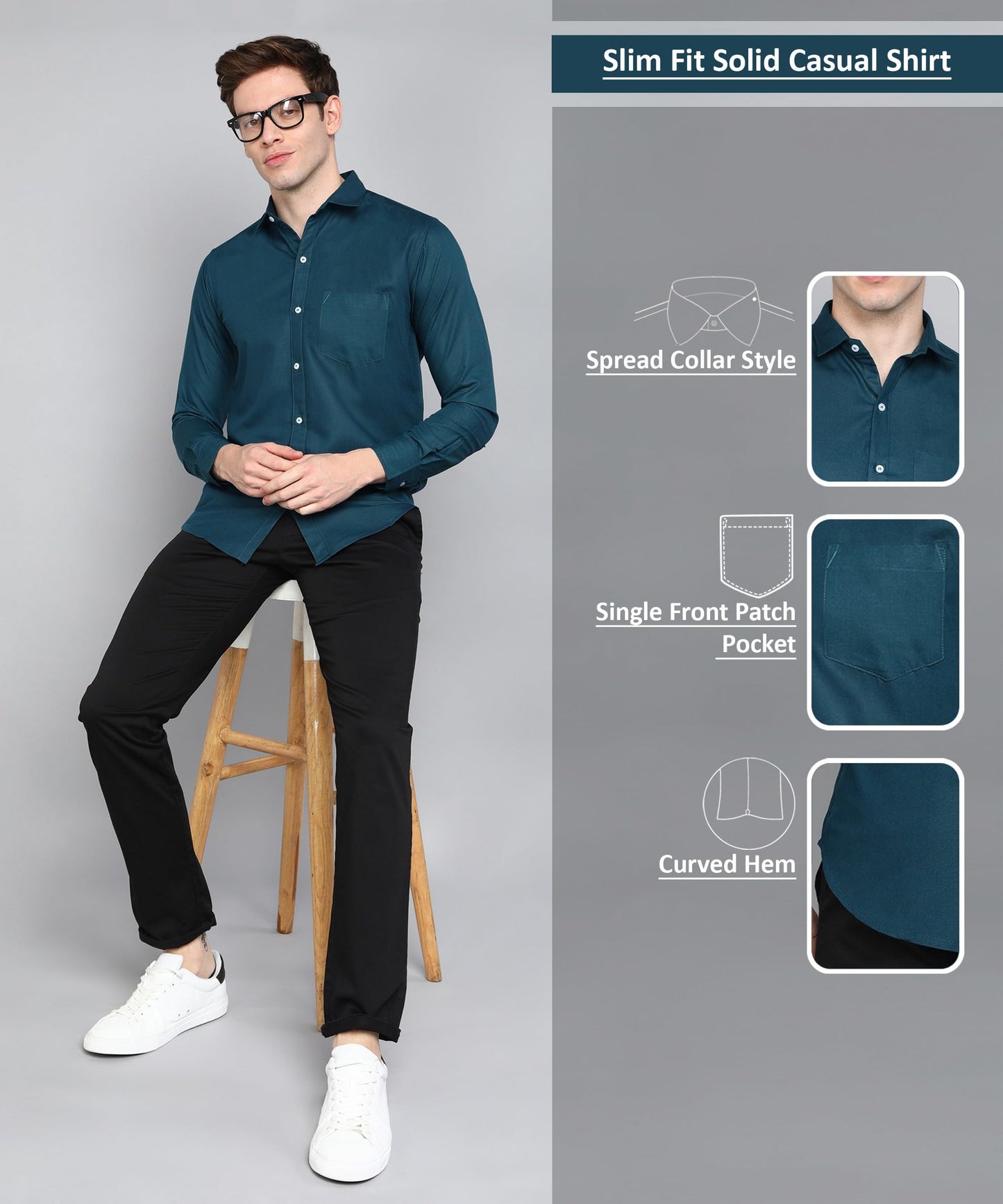 Mildin MenS Regular Cotton Blend Blue Slim Fit Solid Button Down Spread Collar Full Sleeve Curved Hemline Formal Shirt With One