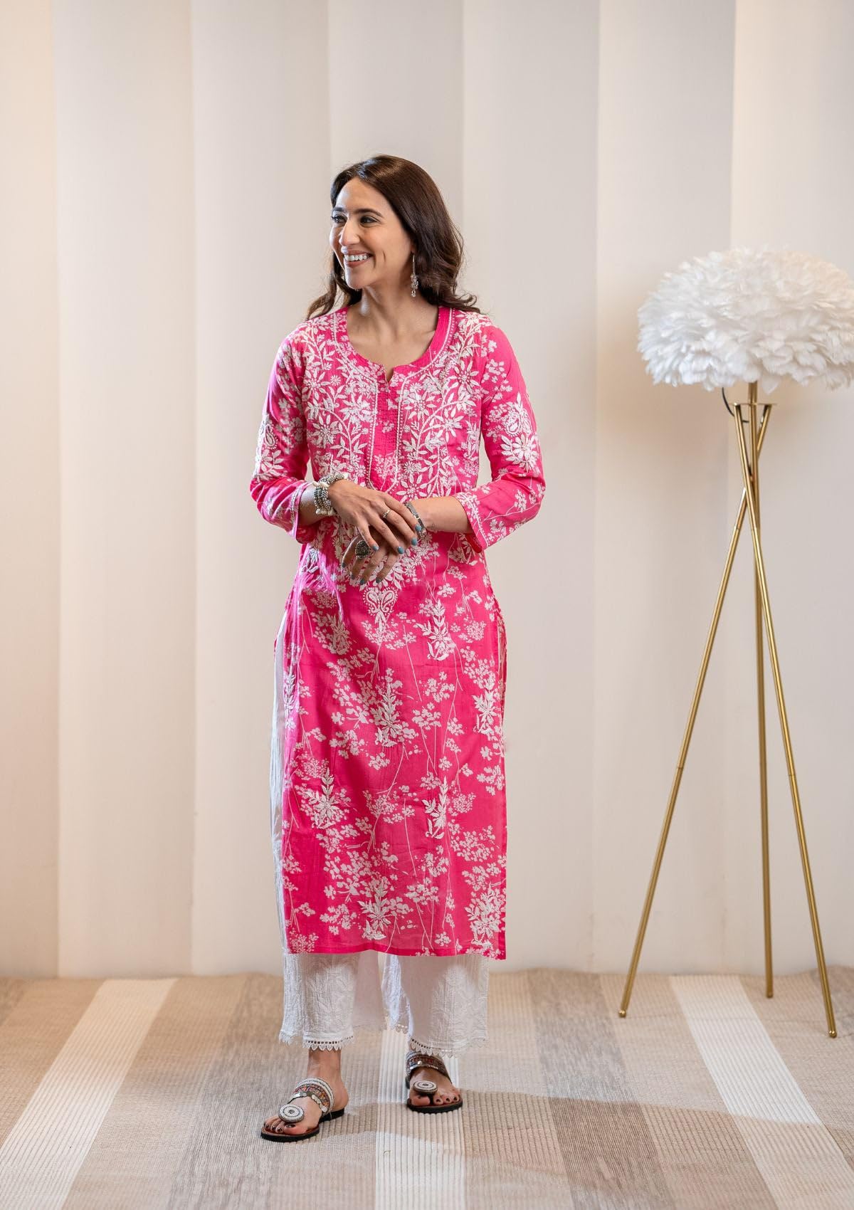 GoSriKi Ladies Cotton Blend Chikankari Kurta Set, Pink, Size 44, Model ZAINAB