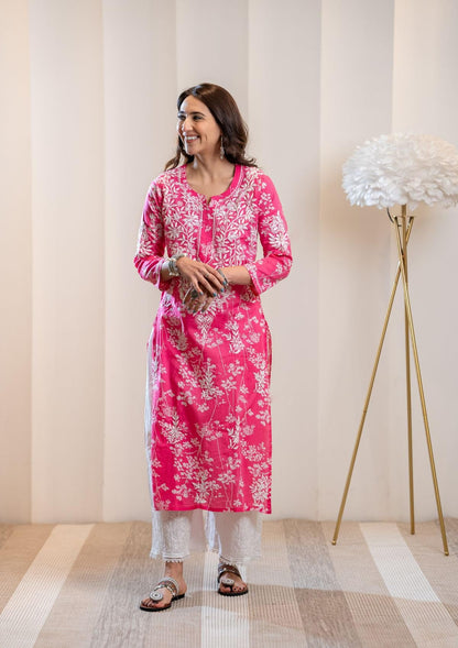 GoSriKi Ladies Cotton Blend Chikankari Kurta Set, Pink, Size 44, Model ZAINAB