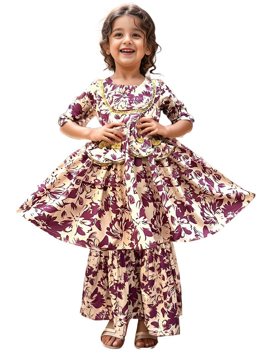 A.T.U.N. (All Things Uber Nice) A.T.U.N. Girls Ethnic Wear Sharara | Floral Cream And Wine Printed Kurta With Sharara Set For Gi