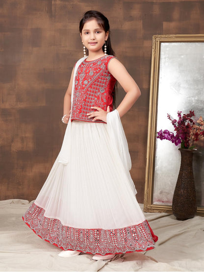 Aarika Girls Ethnic Wear Red Colour Zari Thread Mirror Embroidery Silk Lehenga Choli Set (5-11 Years)