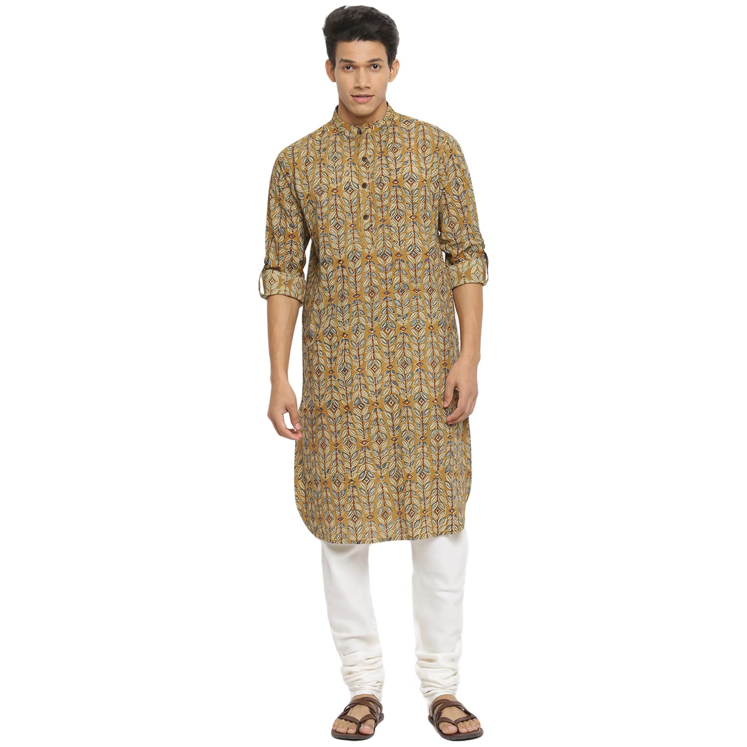 Fabindia Men Bock Print Chinese Collar Cotton Long Kurta Hand_S
