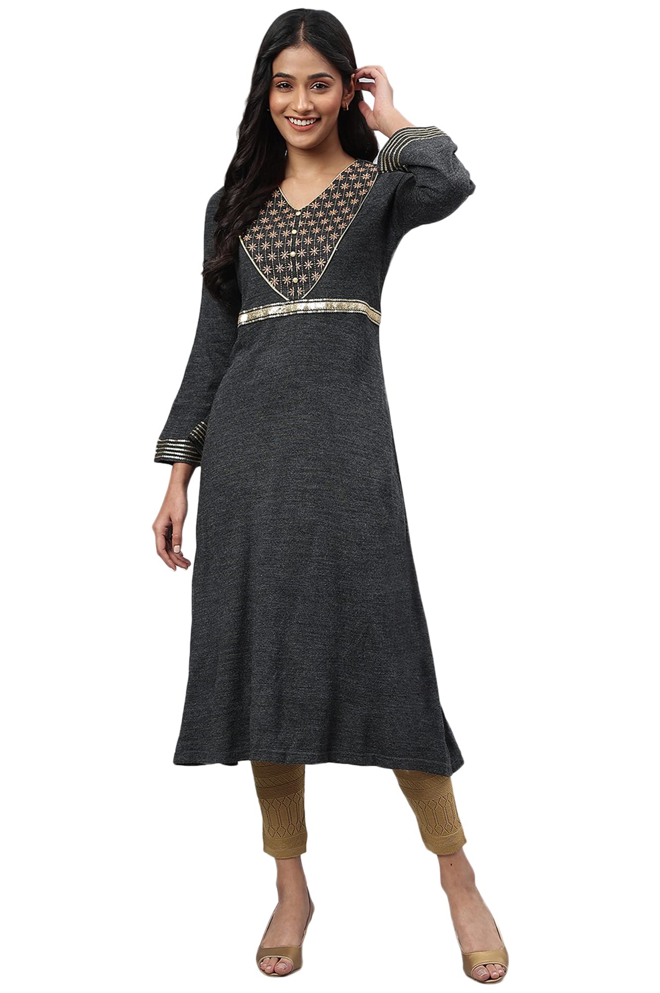 Grey Embroidered A-Line Plus Size Winter Dress