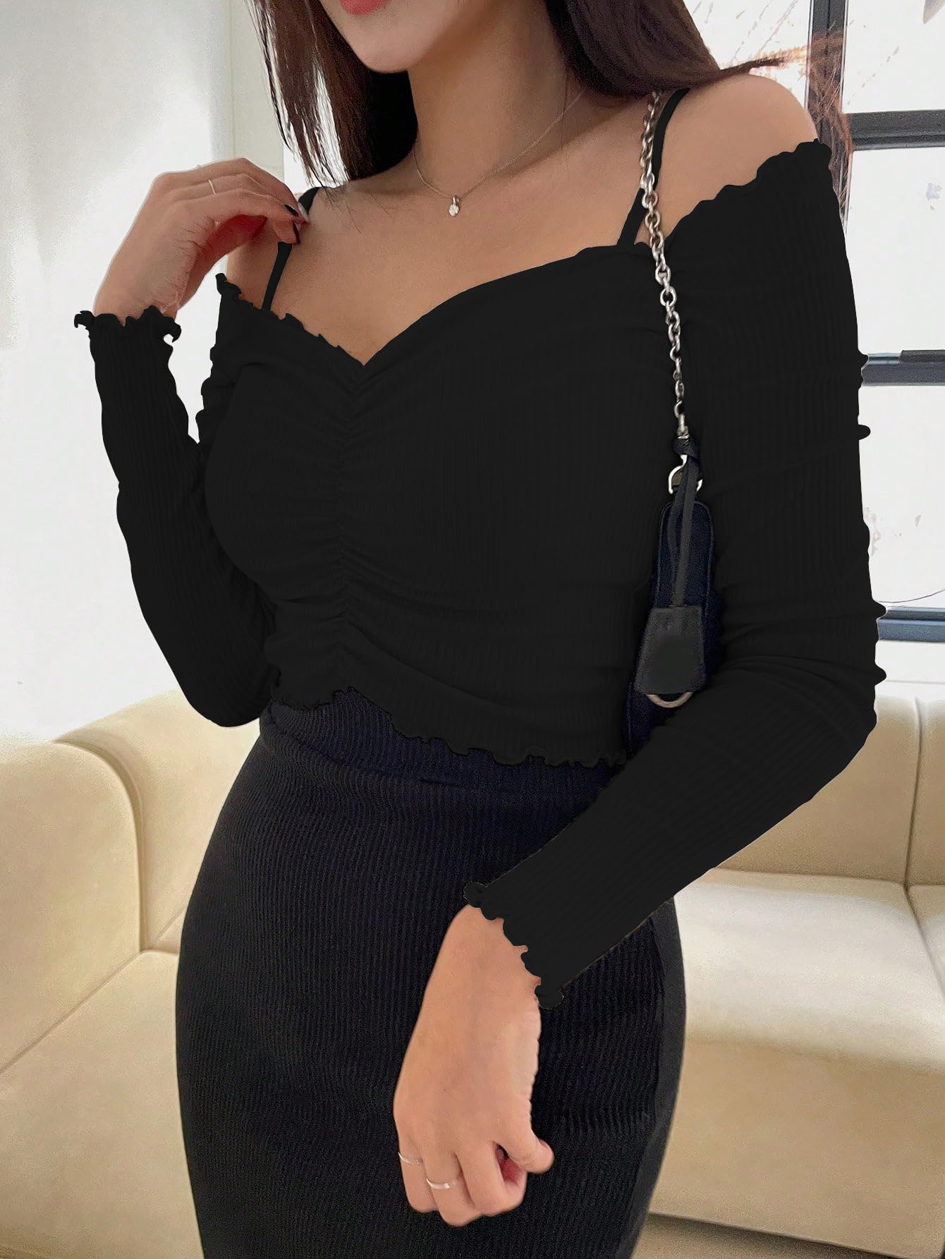 Sugathari Womens Black Solid Colour Open Cold Off Shoulder Long Sleeve Lettuce Hem Casual Autumn Trim Tight- Slim Fitting Ruche