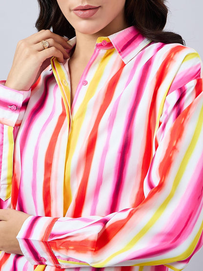 Style Quotient Women Pink and Multi Stripe Printed Polyester Relaxed Fit Smart Casual Shirt