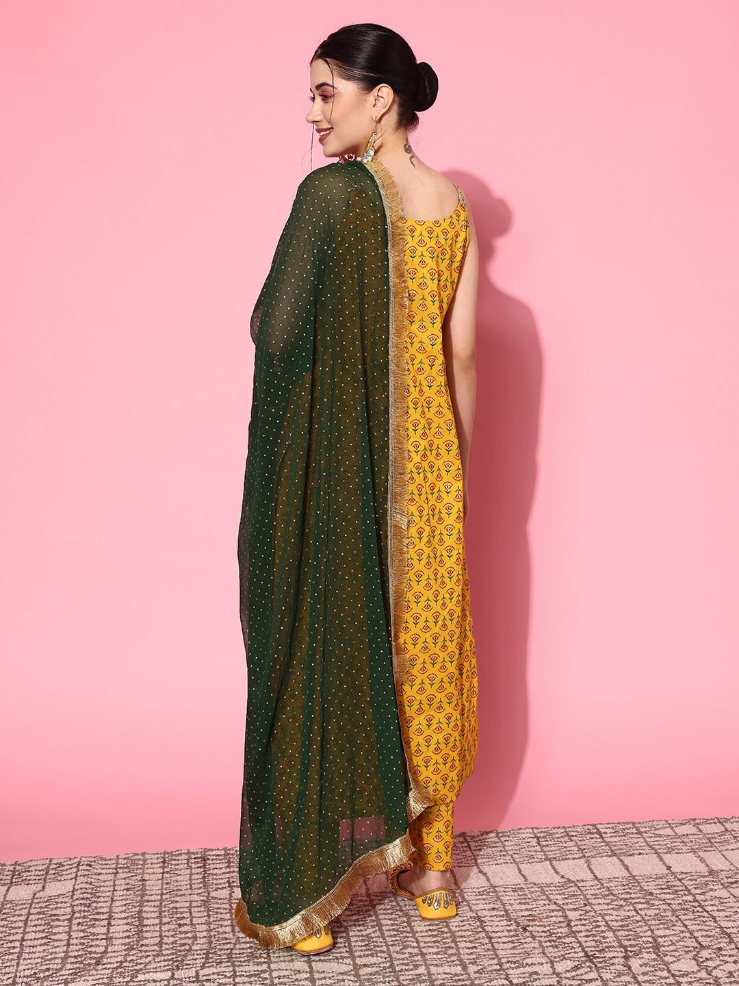 Varanga yellow floral printed spaghetti strap style straight kurta paire with bottom and contrast bottom