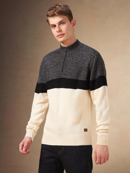 Dennis Lingo Men Cream Solid Acrylic Slim Fit Full Sleeve Sweater