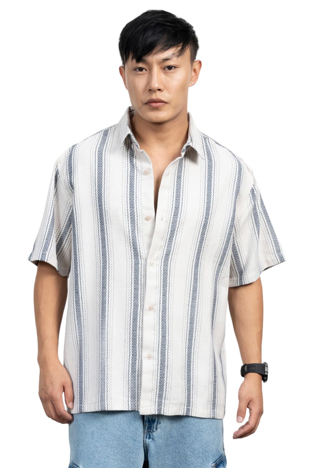 Hubberholme Men Cotton Short Sleeves Oversized Striped Shirt 10 Beige