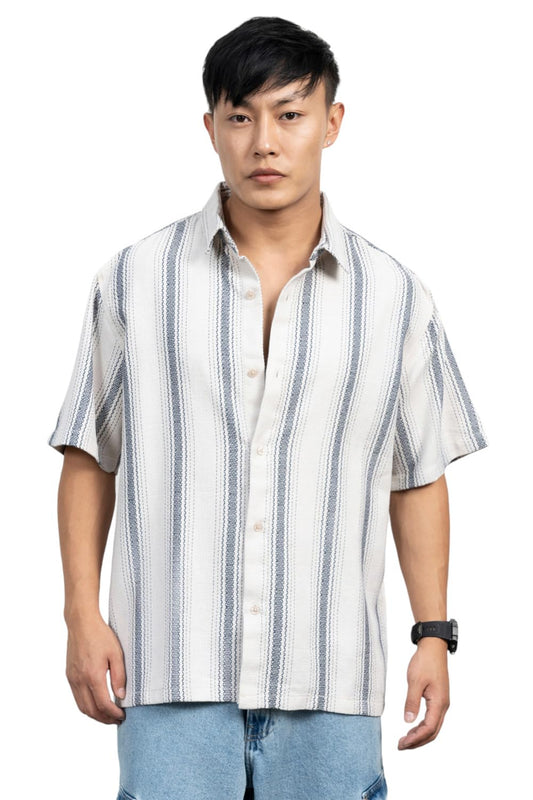 Hubberholme Men Cotton Short Sleeves Oversized Striped Shirt 10 Beige