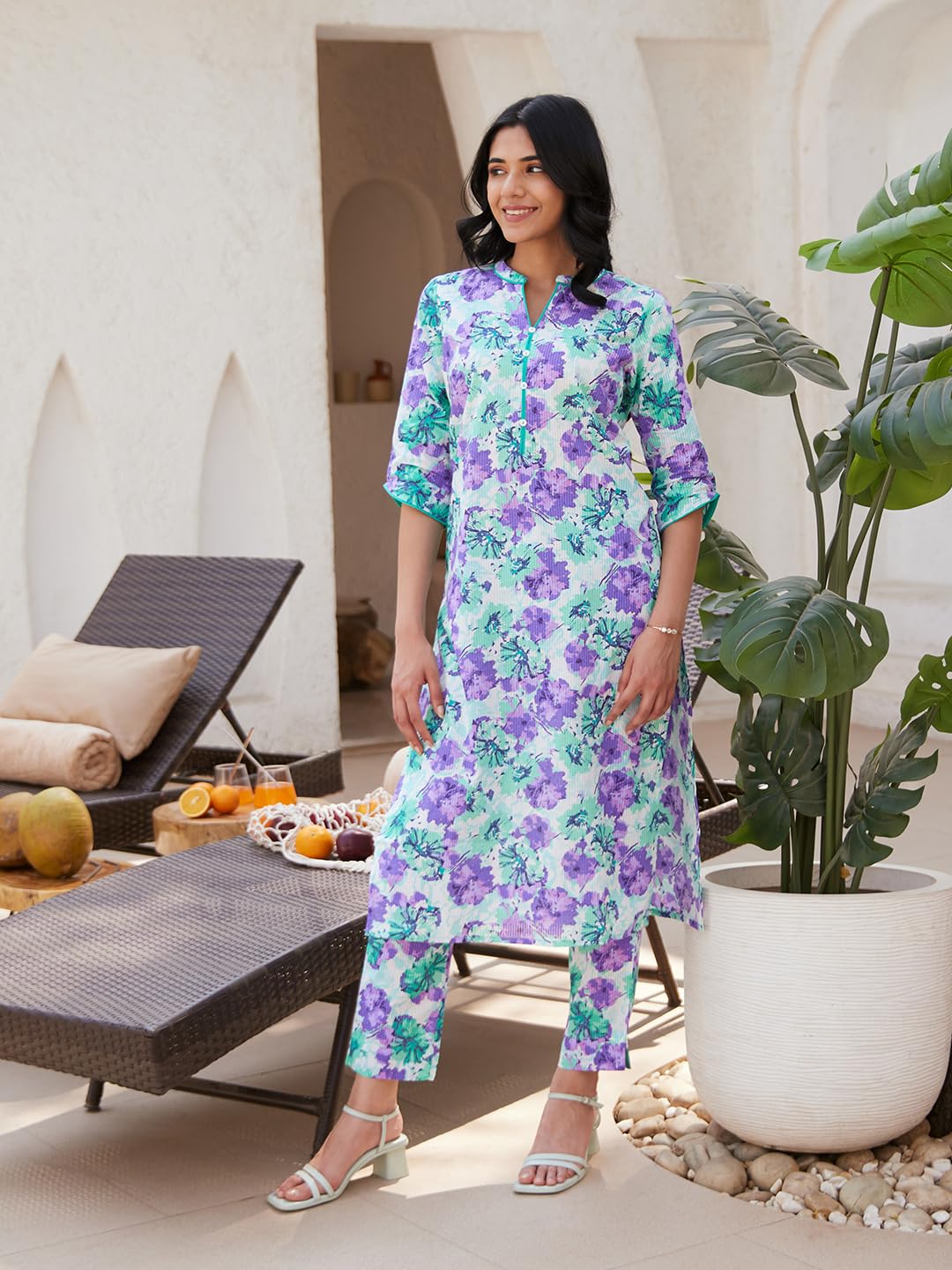 Aurelia Women's Floral Print Cotton Co-Ord Kurta Set with Trousers