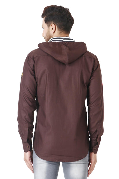Besix MenS Brown Tailored Fit Cotton Blend Shirt For Man With Hoodie - Casual Long Sleeve Shirt With Pockets - Patch Detail For