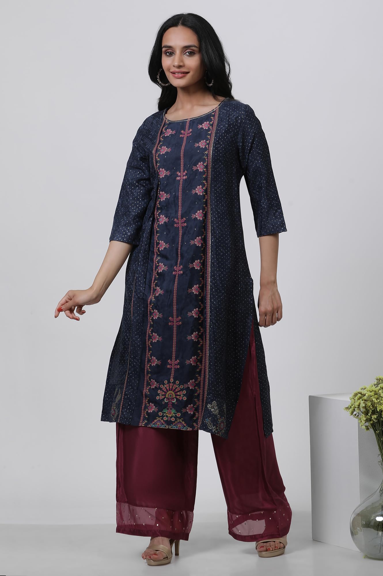 W Dark Blue Floral Printed Glitter WomenS Top Palazzo Set