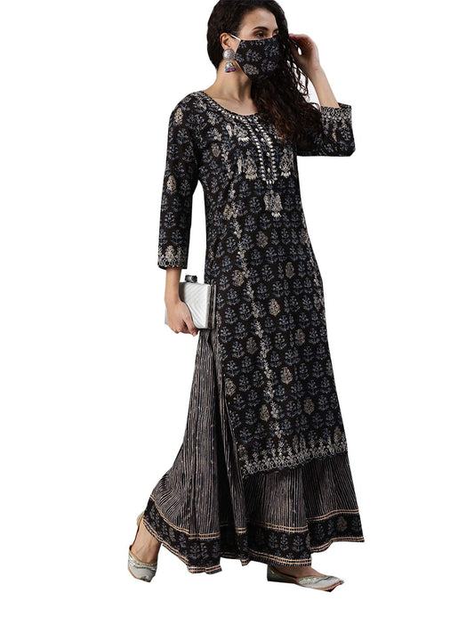 ishin Women's Pure Cotton Straight Printed Gotta Patti Striped print Black Kurta suit set with Palazzo