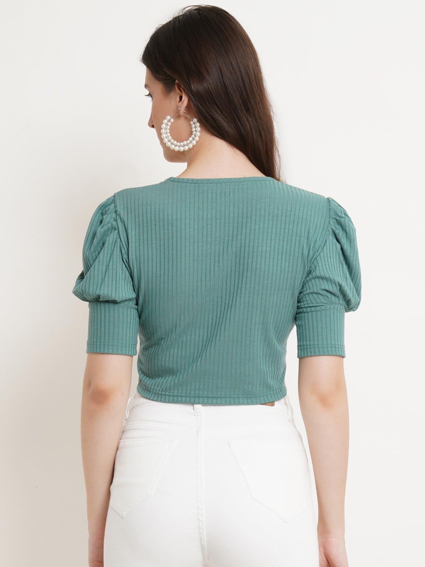POPWINGS Casual Puff-Sleeves Ribbed Crop Top for Women || Sweet Heart Neck Summer Crop Top for Women || Crop Tops for Women Late
