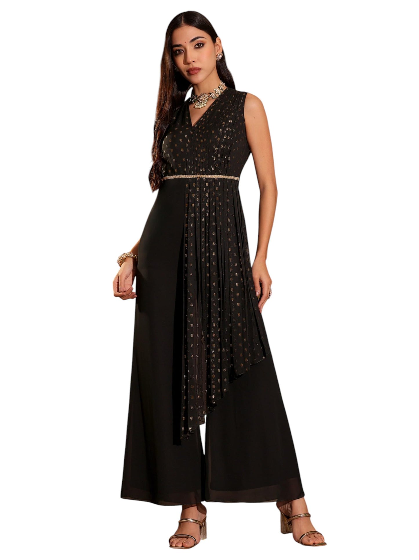 Miss Chase Womens Self Design V Neck Sleeveless Polyester Pleated Regular Length Jumpsuit (MCSS25D92-31-62-03, Black, S)