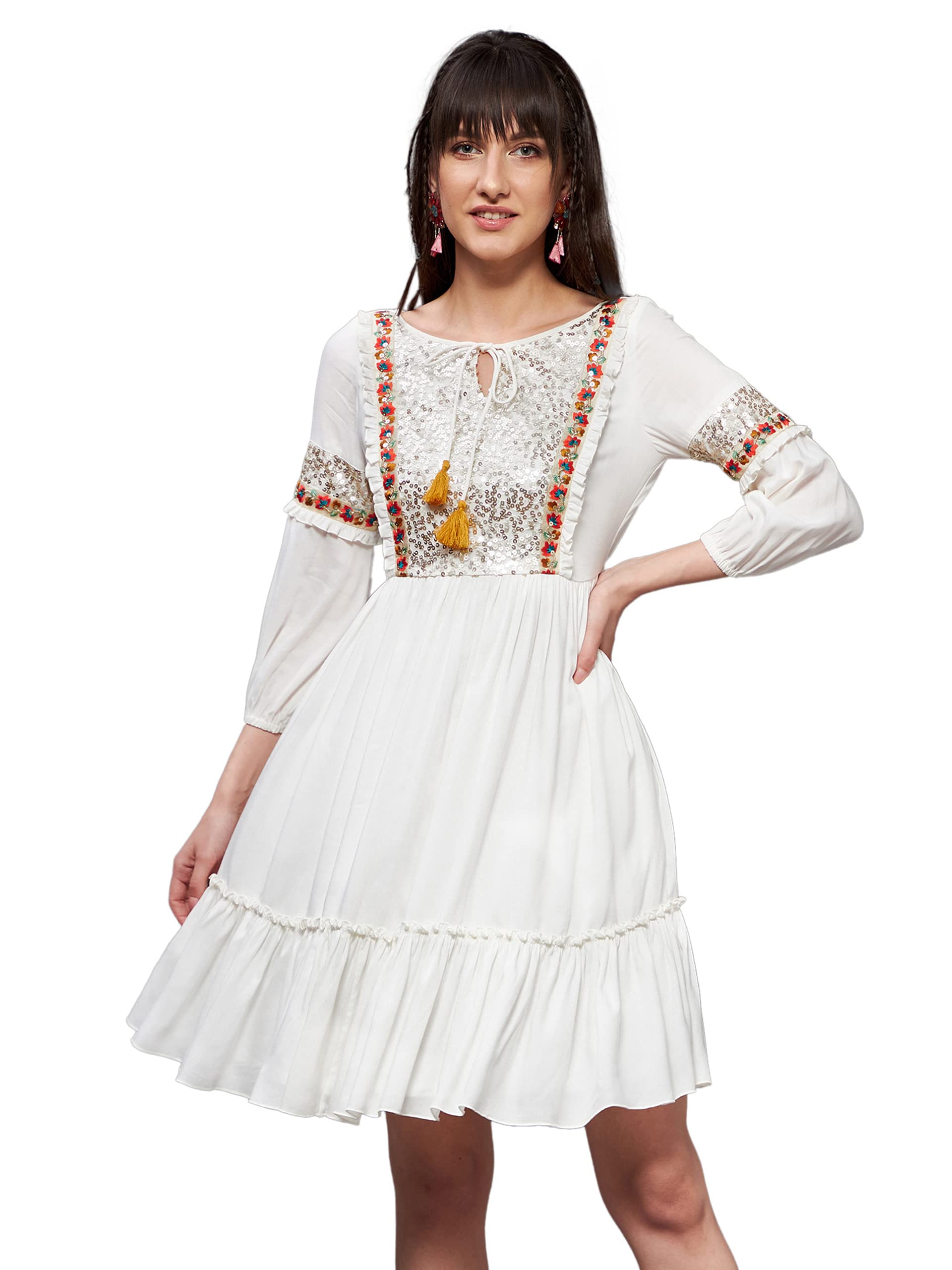 Miss Chase WomenS Off-White Boat Neck Bishop Sleeve Viscose Rayon Embellished Gathered Midi Dress (Mcss22D16-06-114-06, Off-Whi