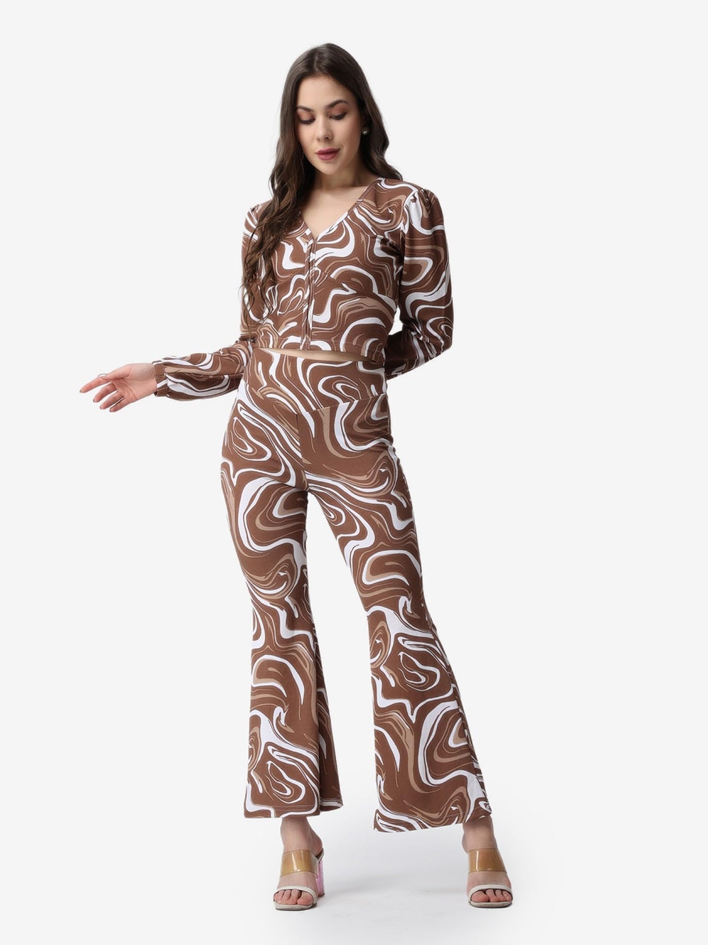 POPWINGS Casual Brown Marble Printed Crop Top and Trouser Set for Women | Co-Ords Set for Women Stylish Western | Full Sleeves V