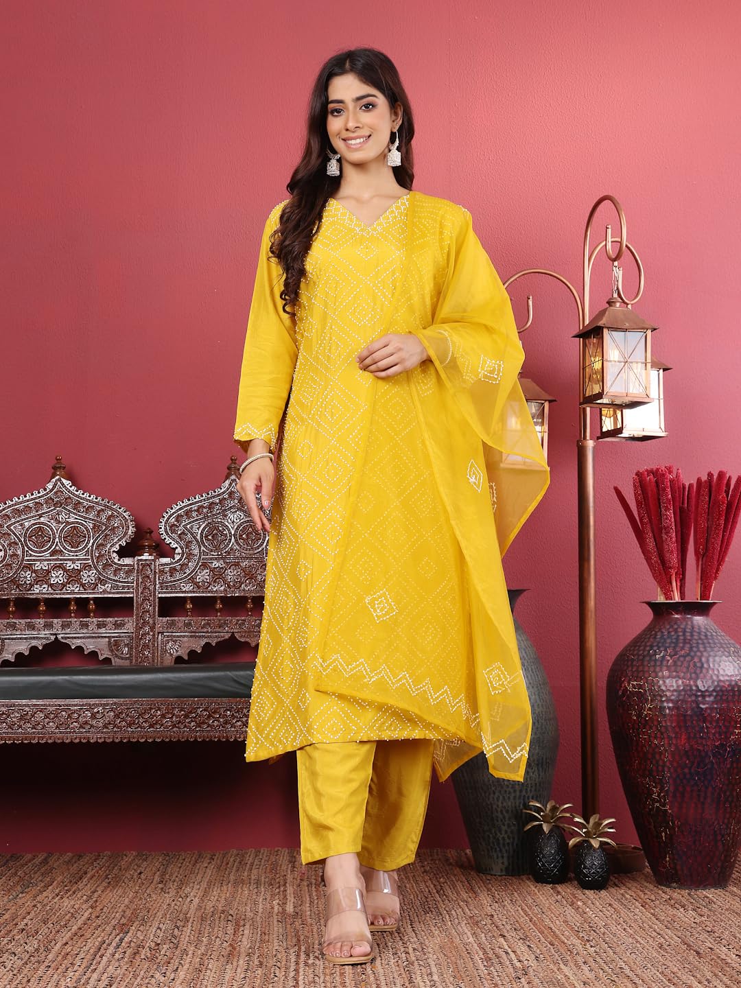 Varanga Women Hand Embroidered French Knot Kurta With Tonal Bottom And Embroidered Dupatta.