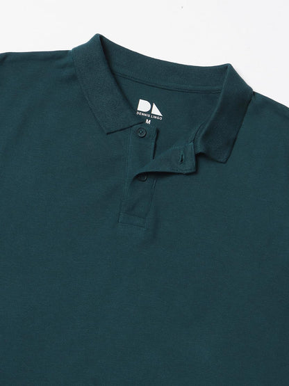Dennis Lingo Mens Cotton Teal Solid Polo Neck T-Shirt