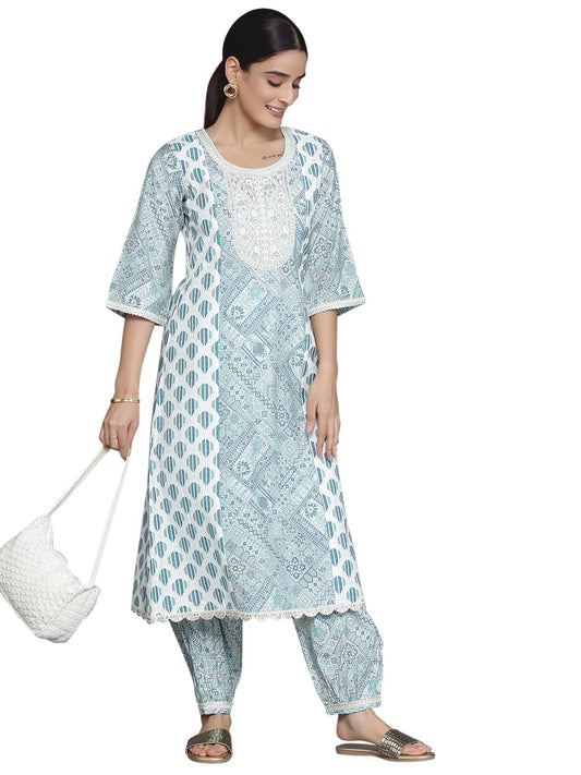 Libas Blue Printed Silk Blend A-Line Kurta With Salwar