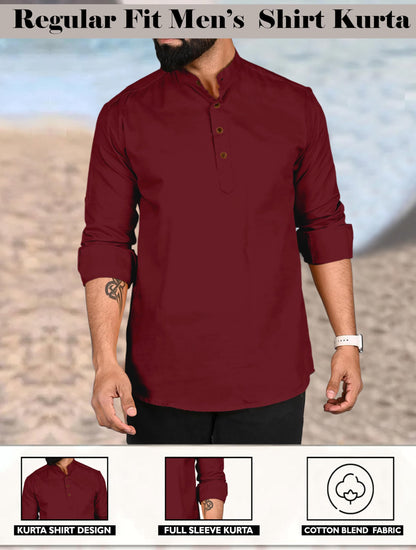 Finivo Fashion MenS Cotton Polyester Blend Solid Regular Fit Full Sleeve Short Kurta Maroon