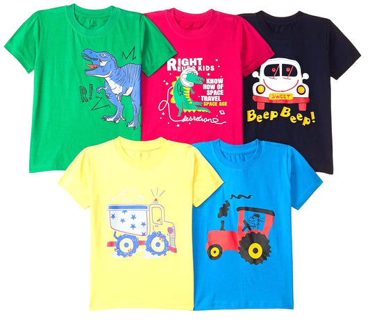 T2F Boys Cotton Printed Regular Fit T-Shirt (Pack 0f 5)
