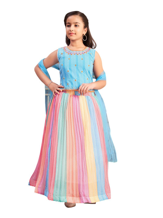 Aarika Girls Ethnic Wear Turquoise-Multi Colour Beads Embroidery/Print Georgette Lehenga Choli Set With Dupatta (5-16 Years)