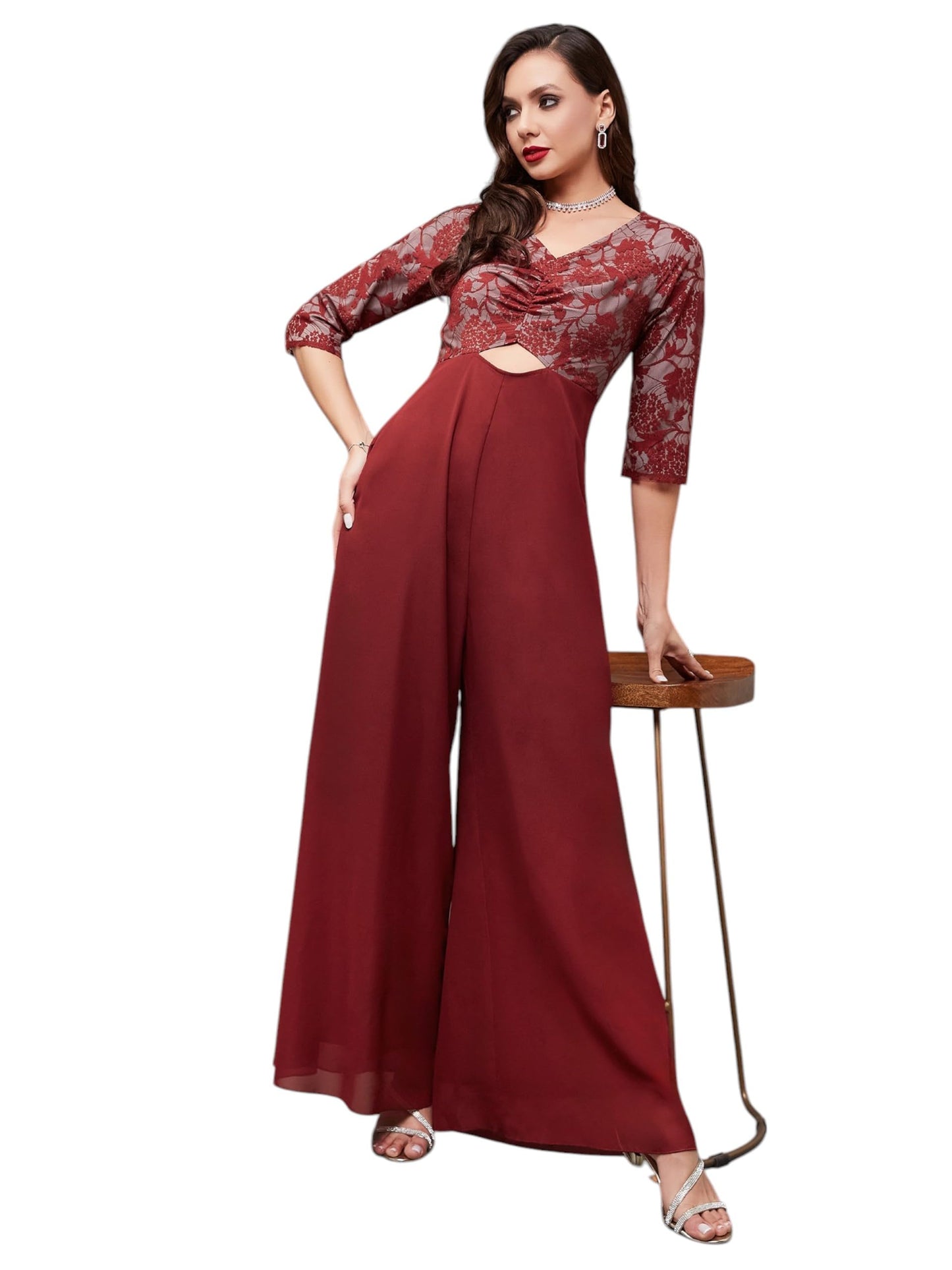 Miss Chase Womens V-Neck Full Sleeve Self Design Cut-Out Regular-Length Jumpsuit (MCSS25D93-14-143-03, Maroon, S)