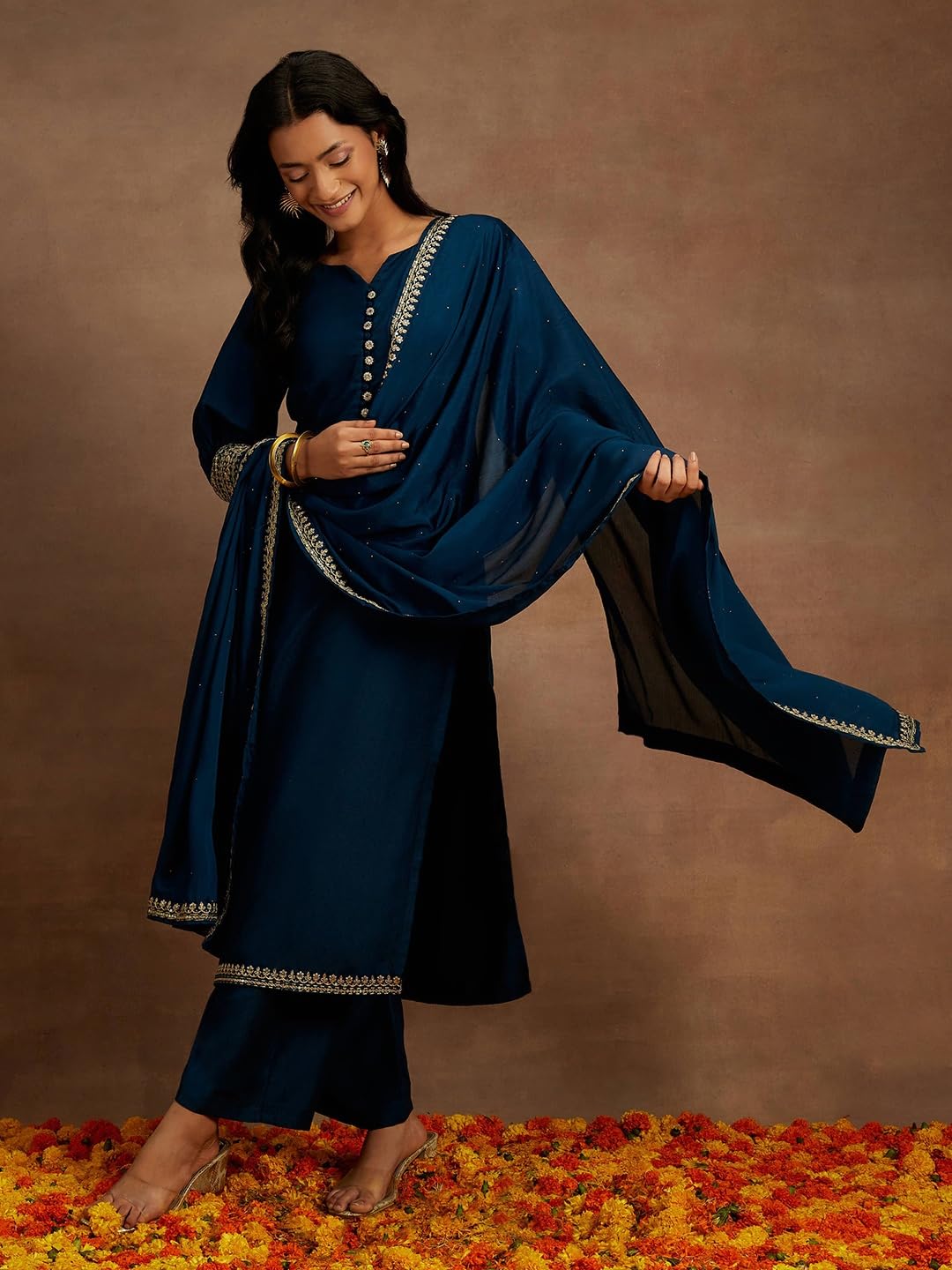 Libas Womens Solid Silk Blend Straight Kurta With Palazzos And Dupatta