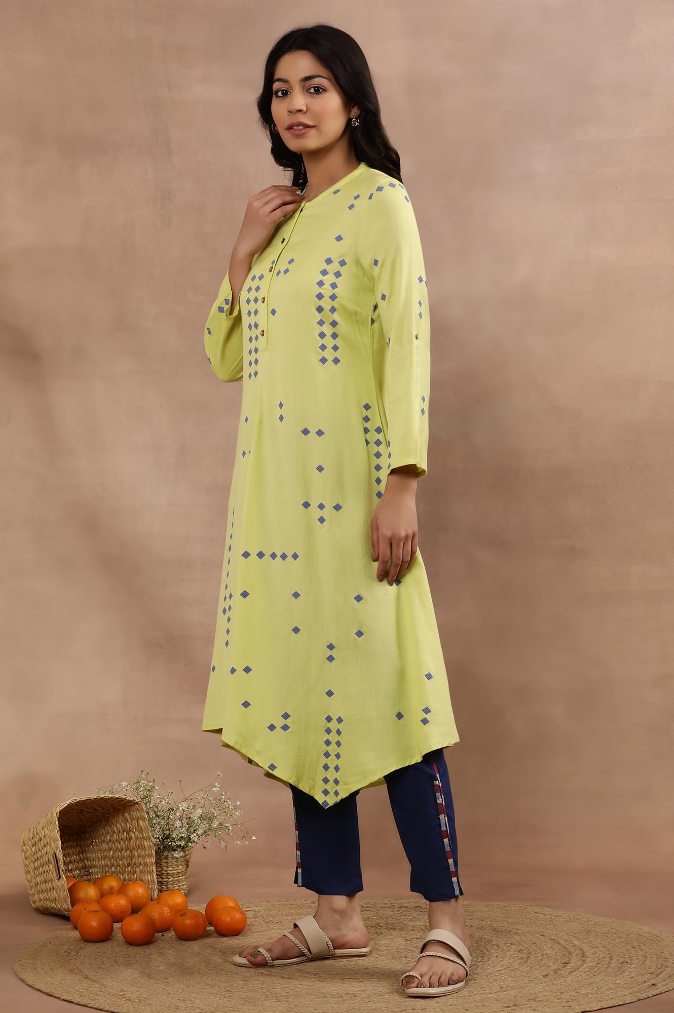 W for Woman W Women Green Geometric Print Rayon Flared Kurta set with Slim Pant