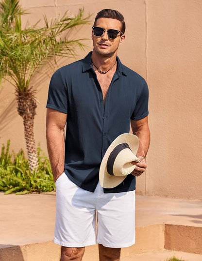 CB-COLEBROOK Mens Casual Shirts Short Sleeve Button Down Loose Fit Shirt for Men Wedding Beach Fashion Shirt (in, Alpha, XL, Re