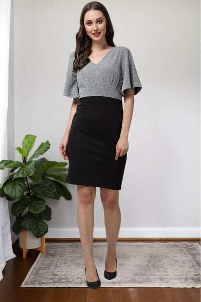 Popwings Casual Black And Grey Shimmer Solid Half Sleeves V-Neck Bodycon Dress For Women || Knee-Length Women Bodycon Dress For