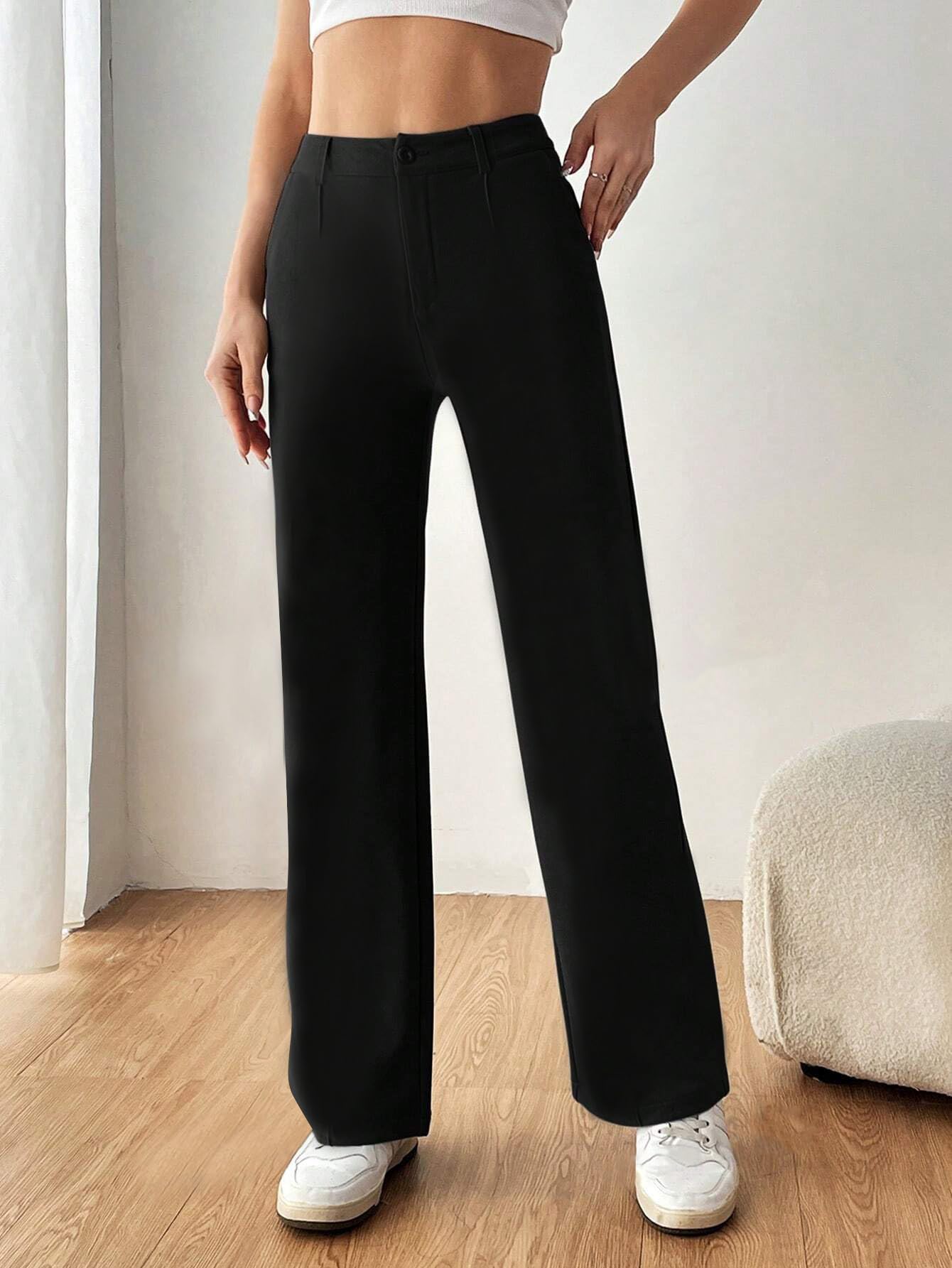 Toochki Womens Straight Fit Spandex Blend Solid Trouser Black Color