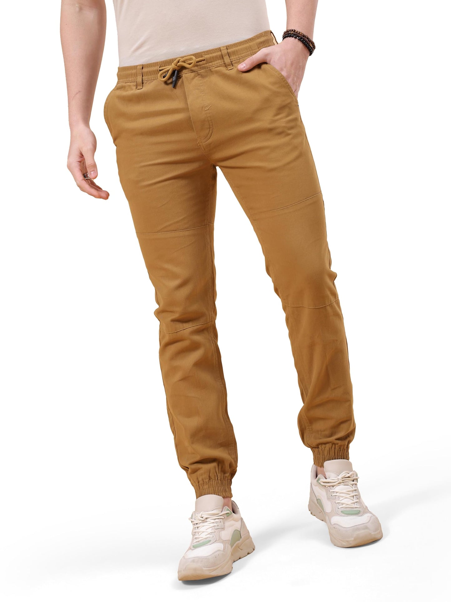 The Indian Garage Co Men Slim Fit Solid Mid-Rise Biker Joggers Khaki