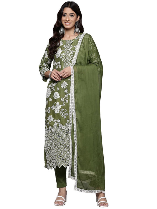 Varanga Women Green Floral Printed Shiffly Work Kurta Paired with Bottom and Dupatta