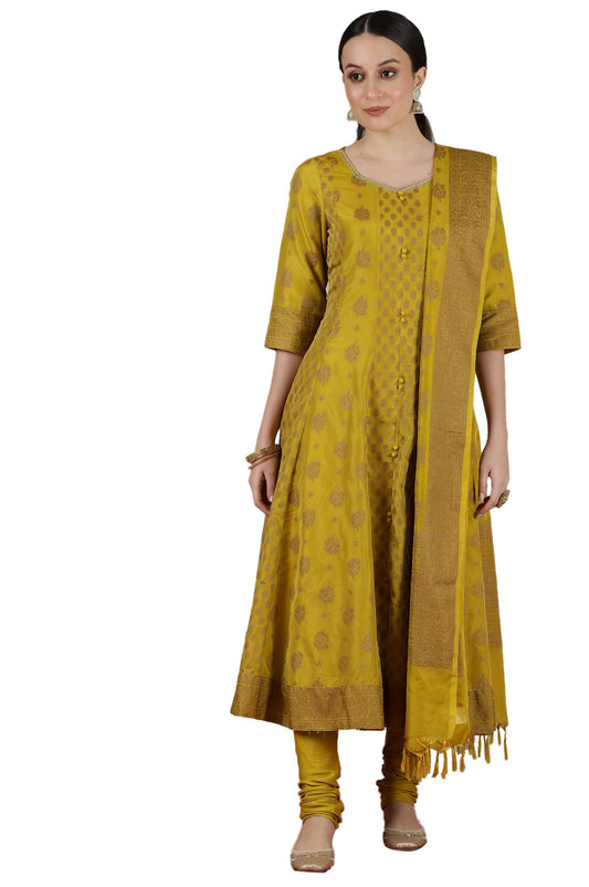 Aurelia Women? Abstract Printed Flared Kurta Set with Churidar and Dupatta for Women