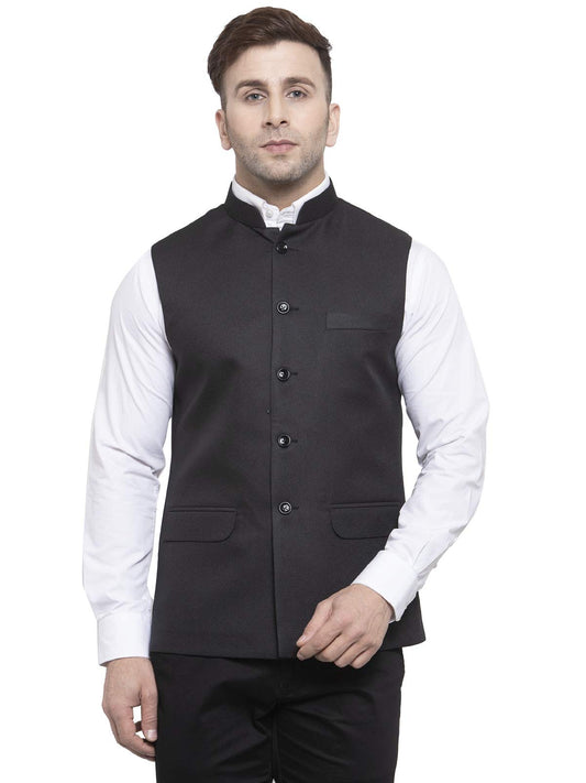 WINTAGE Mens Poly Cotton Festive and Casual Nehru Jacket Vest Waistcoat : Black, X-Small
