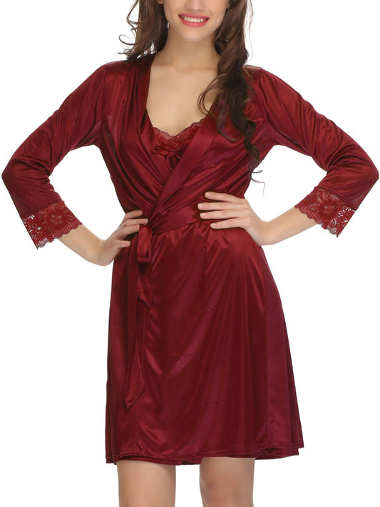 Clovia Womens Satin Solid Knee Length Nighty and Robe Set (NS0286P09-S_Red_Small_Red_S)