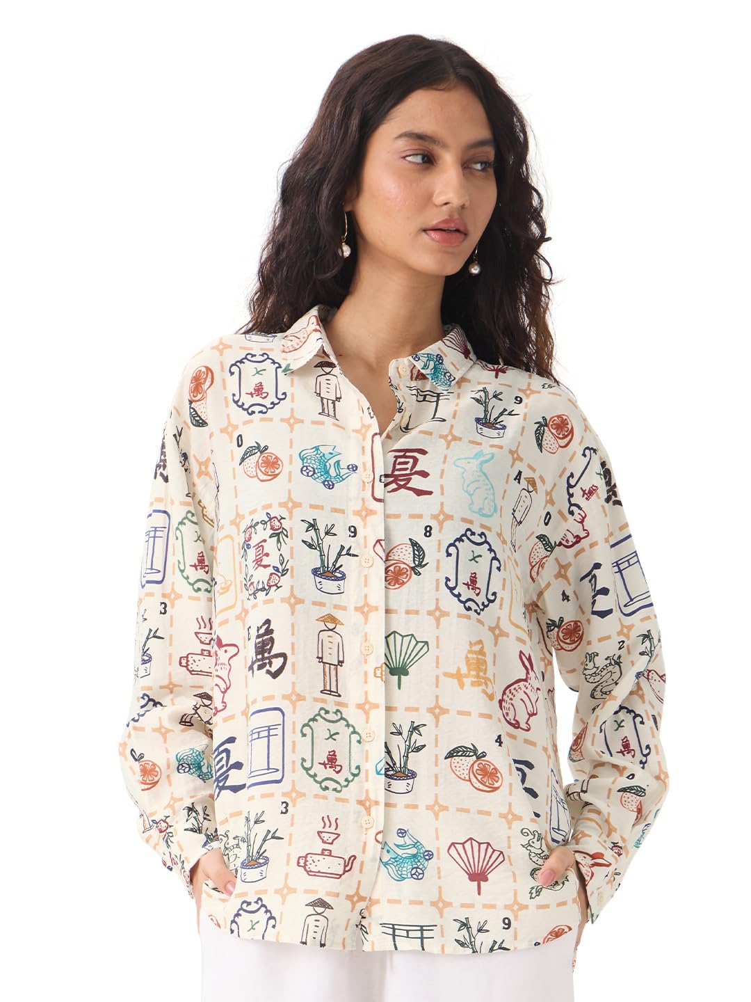 The Souled Store Textured Shirt: Mahjong Tiles Women and Girls Long Sleeves Collared Neck Button Front Beige All Over Printed Ov