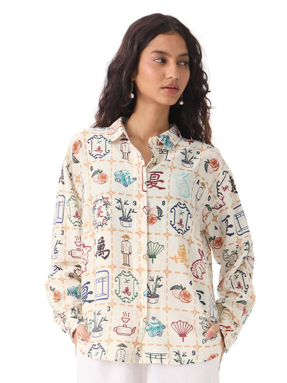 The Souled Store Textured Shirt: Mahjong Tiles Women and Girls Long Sleeves Collared Neck Button Front Beige All Over Printed Ov