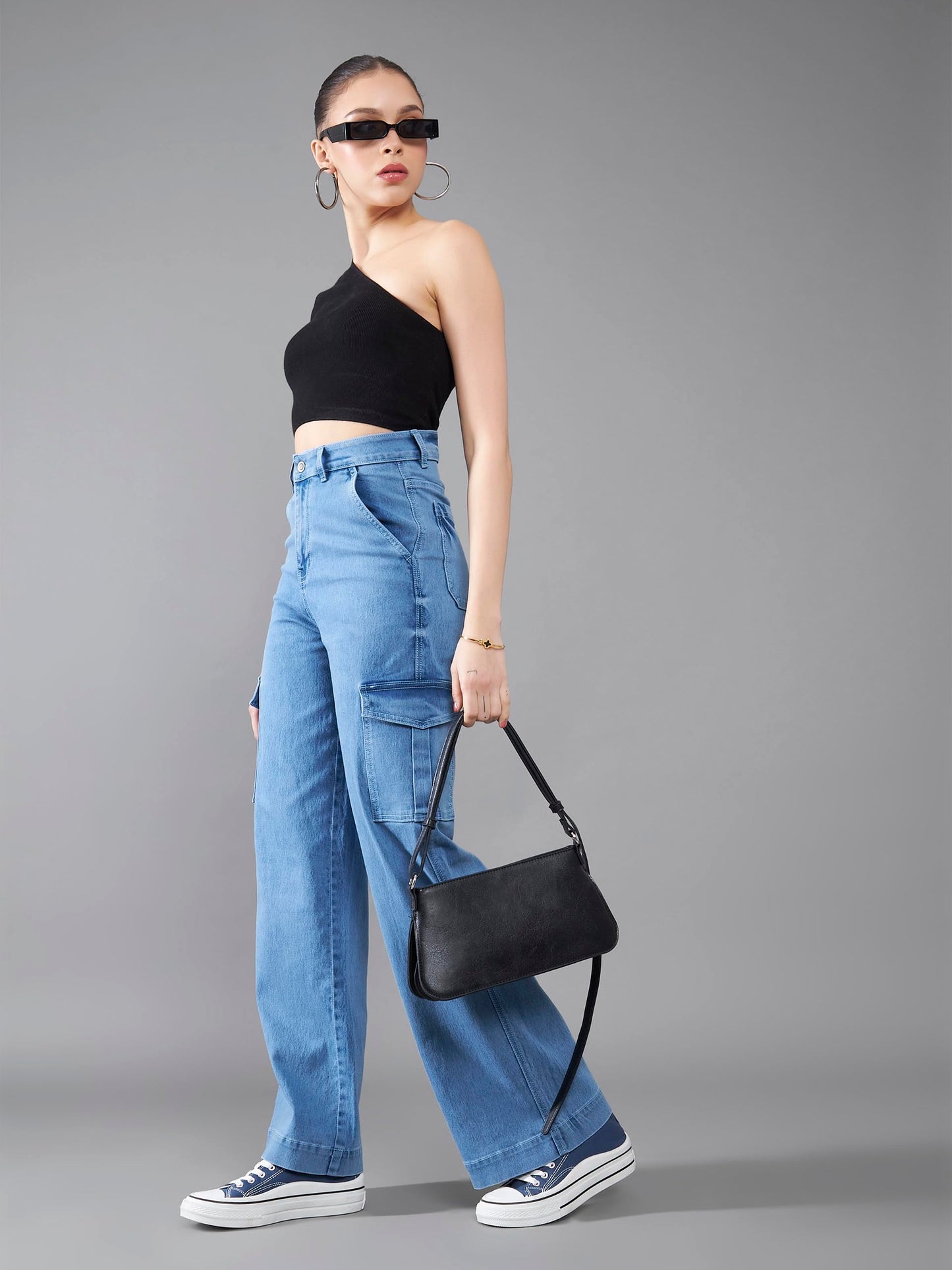 Dolce Crudo Womens Wide Leg High Rise Clean Look Regular Length Stretchable Flared Cargo Style Denim Jeans (DOAW23DEN12-79-158-