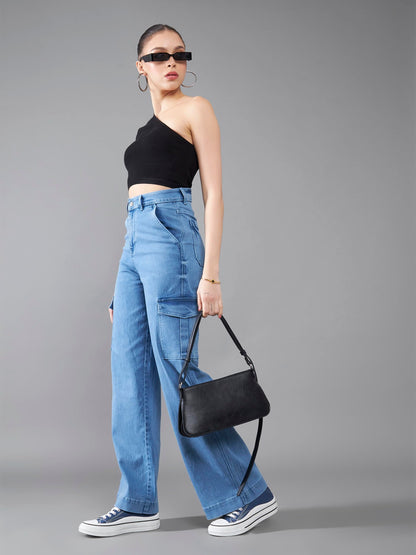 Dolce Crudo Womens Wide Leg High Rise Clean Look Regular Length Stretchable Flared Cargo Style Denim Jeans (DOAW23DEN12-79-158-