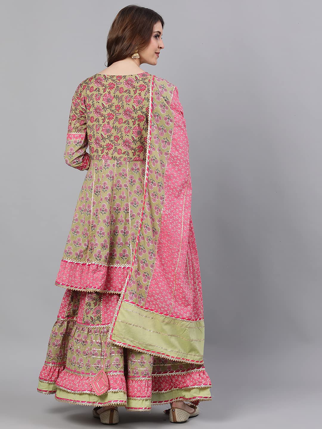 ishin Women's Pure Cotton Green Embroidered Anarkali Kurta suit set With Dupatta & Sharara