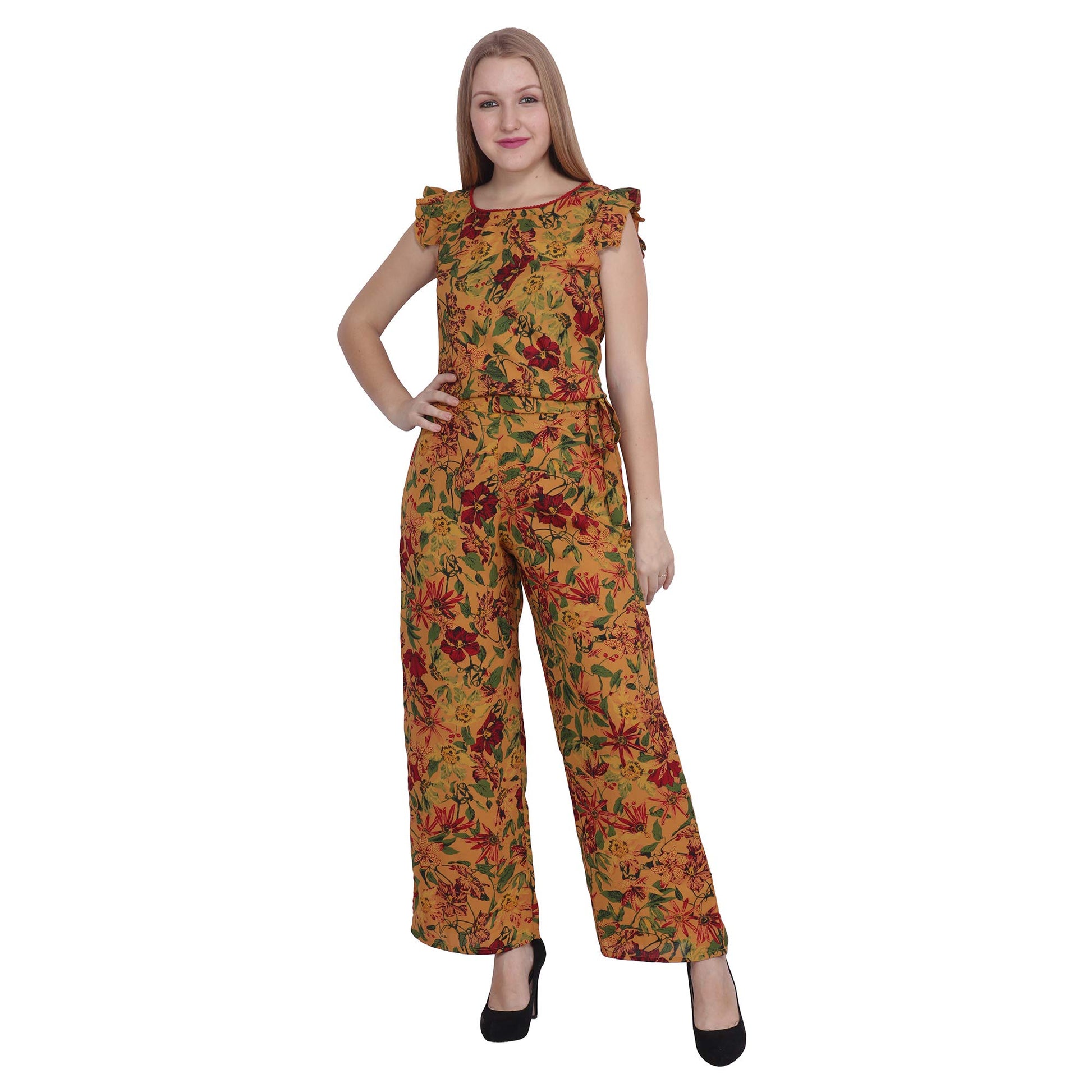 POPWINGS Casual Mustard Printed Top and Palazzo Set for Women - Latest Stylish Western Co-Ords Summer Wear - Sleeveless Round-Ne