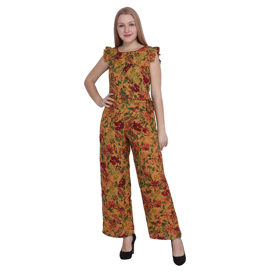 POPWINGS Casual Mustard Printed Top and Palazzo Set for Women - Latest Stylish Western Co-Ords Summer Wear - Sleeveless Round-Ne